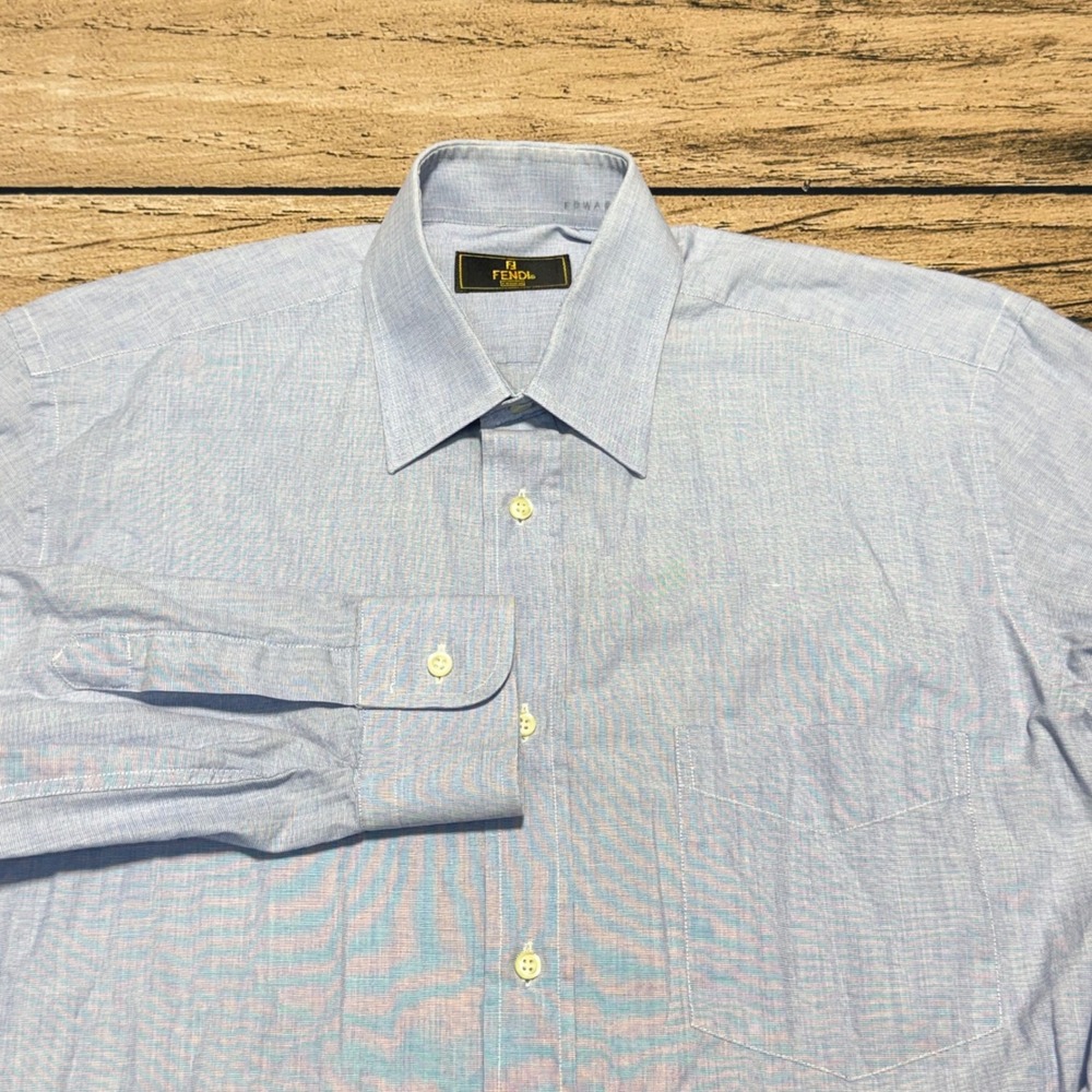 Fendi Button Down Shirt Mens 15.5 33 Light Blue Long Sleeve Cotton Made in Italy